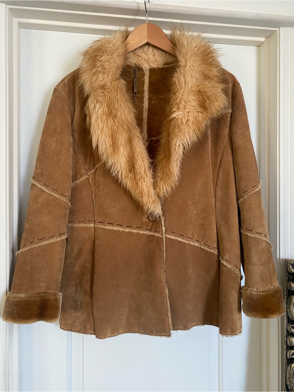 Vintage Winlet Tan Patchwork Suede Leather Jacket Faux Fur Lined Coat Womens L